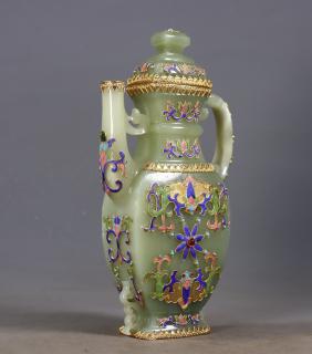 臻品旧藏和田玉包金镶嵌壶 高23.5厘米,长12厘米,宽5.5厘米,重1010克!